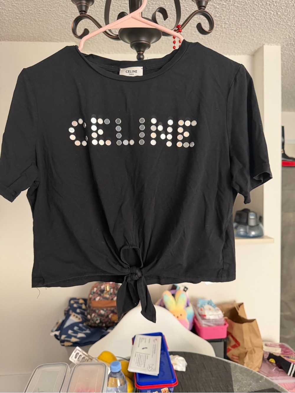 Celine Black Logo Tie-Front Tee